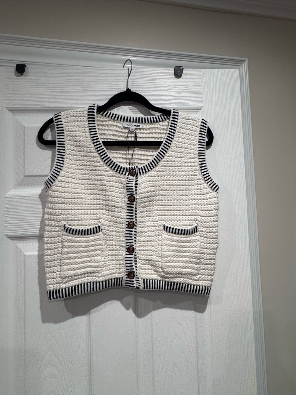 Fashion Nova Cropped Knit Button Front Vest in Cream with Black Trim